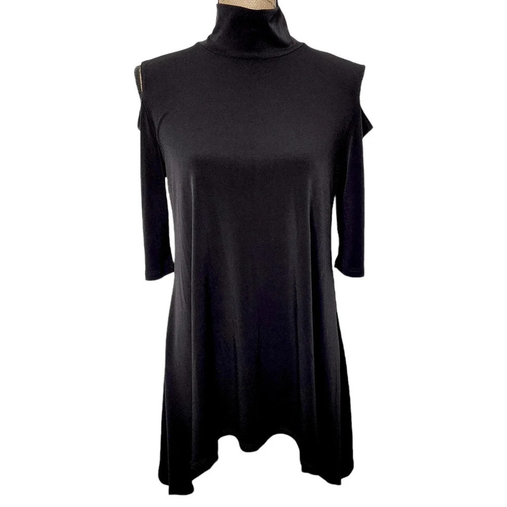 Clara Sun Woo Womens Cold Shoulder Mock Turtle Neck Stretch Blouse Size XS Black